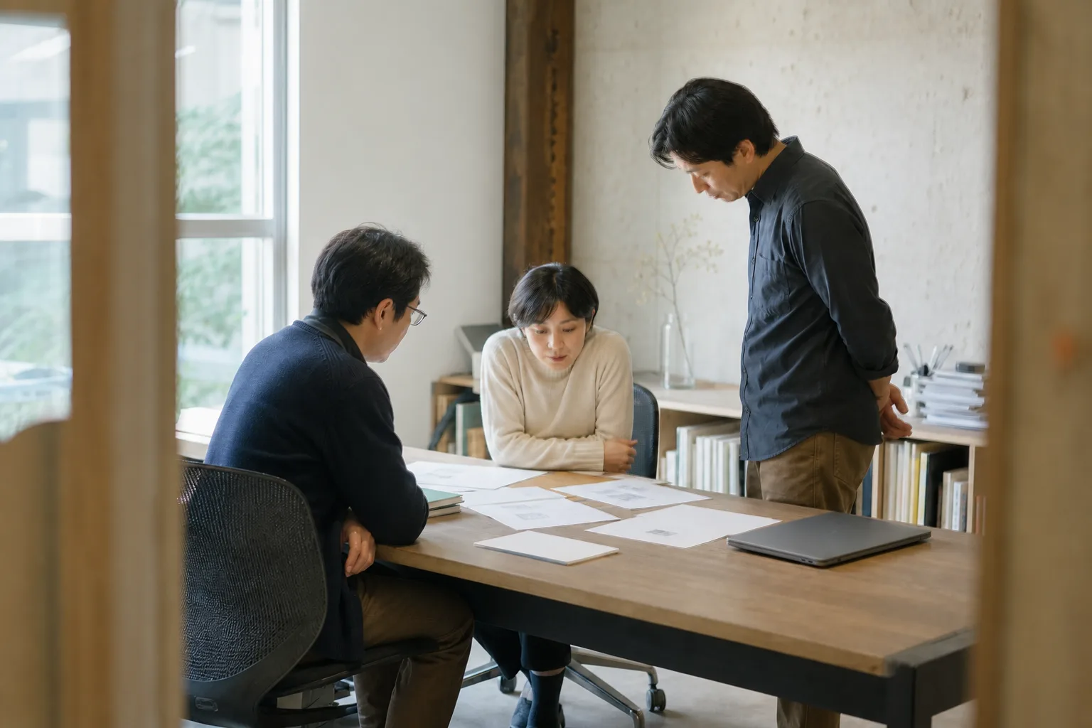 3人が資料を見つめながら、仕事の進め方を検討している様子