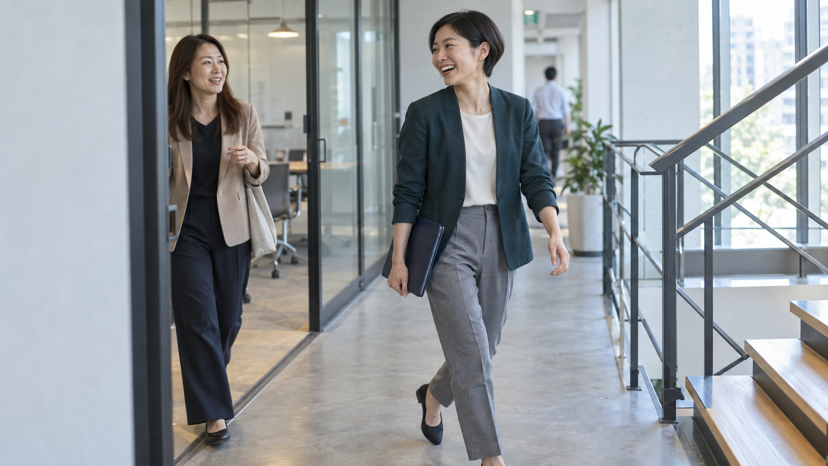 オフィスの通路を歩きながら、互いに顔を向けて会話を続ける二人。