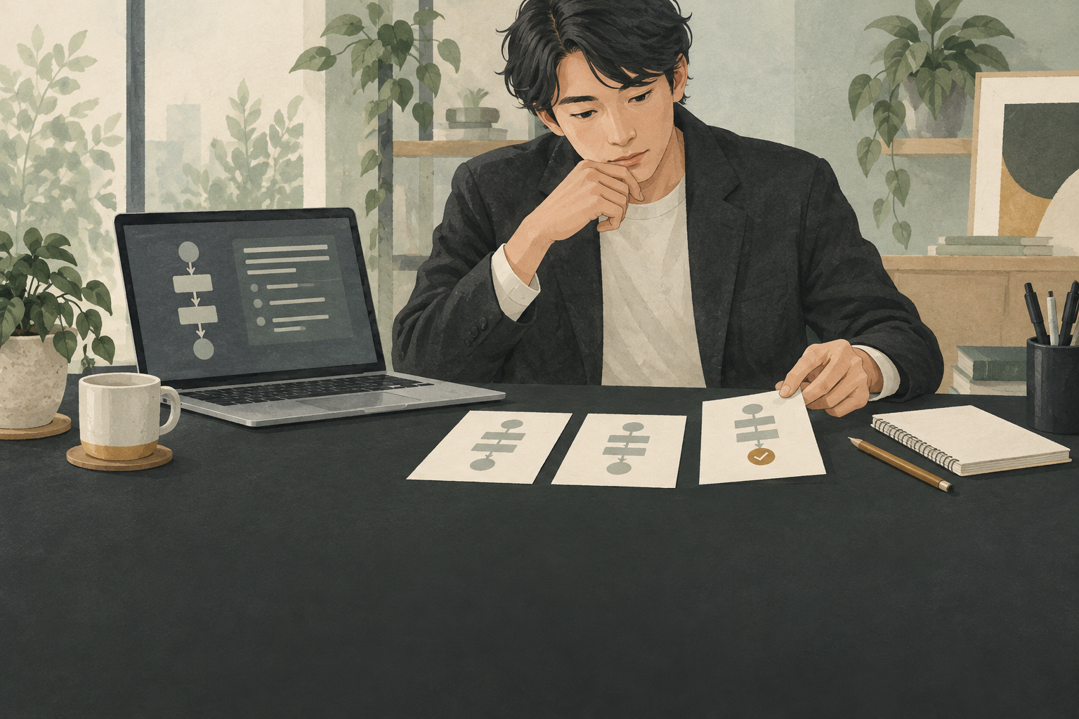 パソコンと紙のカードで業務の流れを考える人のイラスト