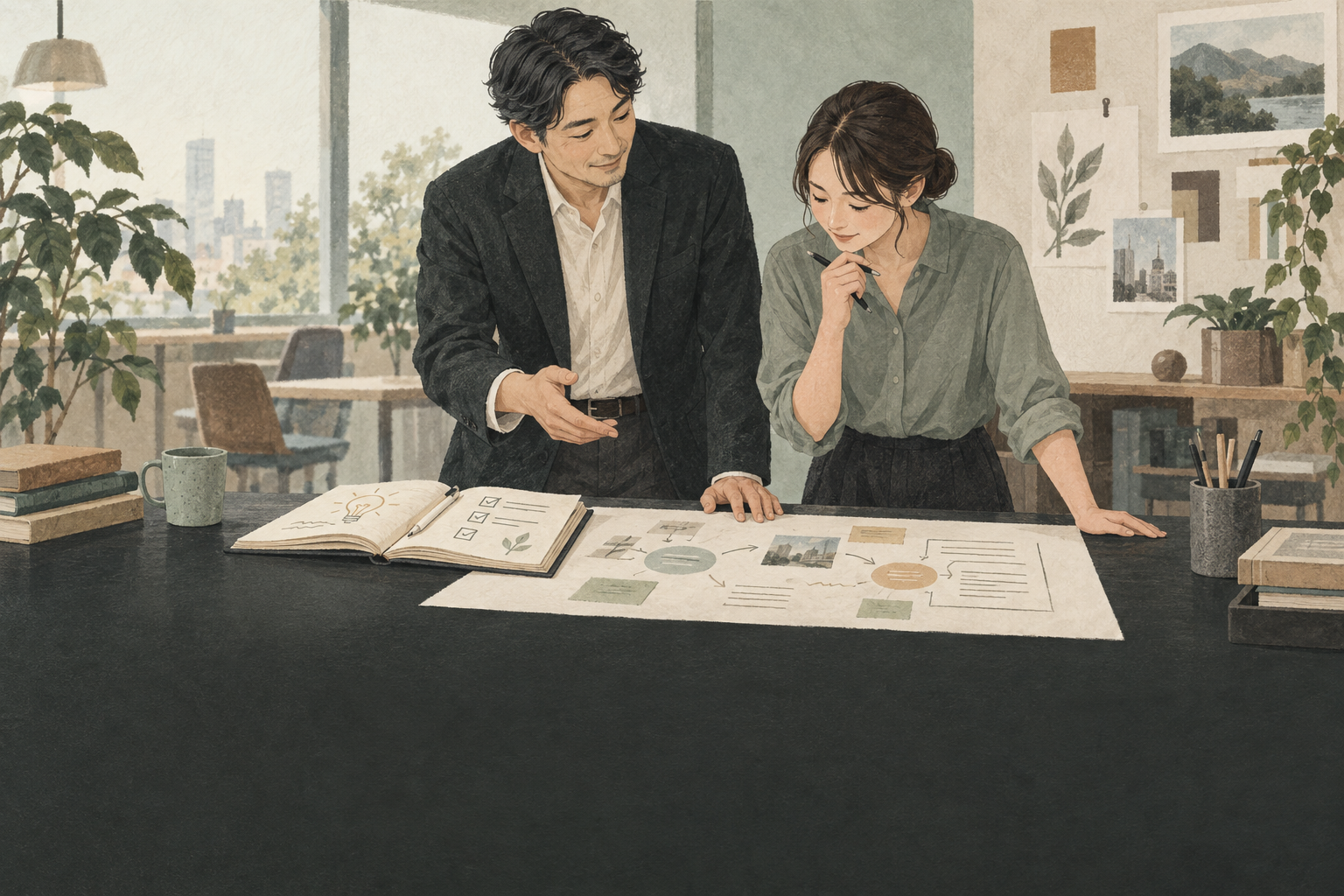 ノートで学んだことを実務で試す2人のイラスト