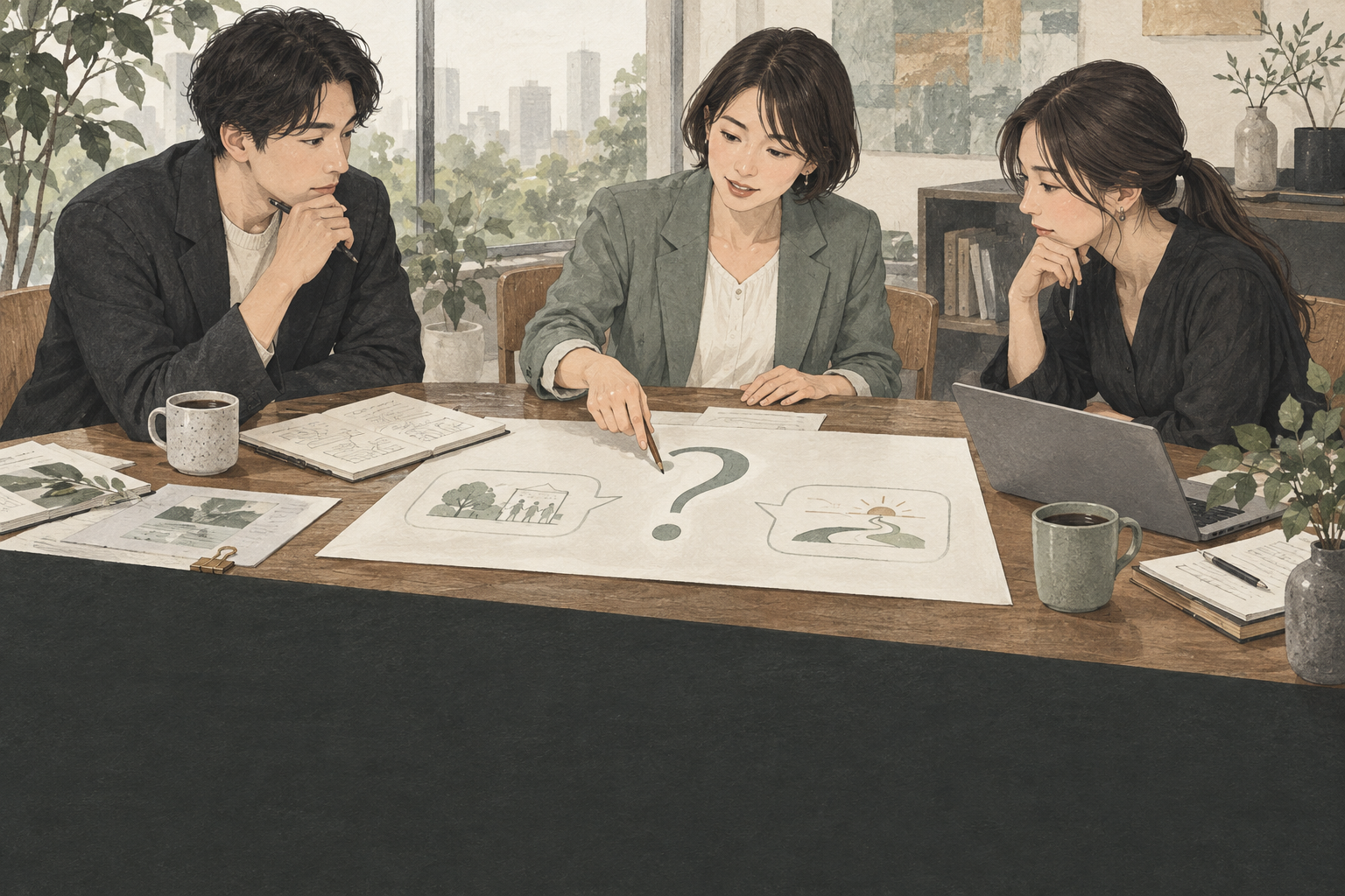 会議で一つの問いを共有する3人のイラスト